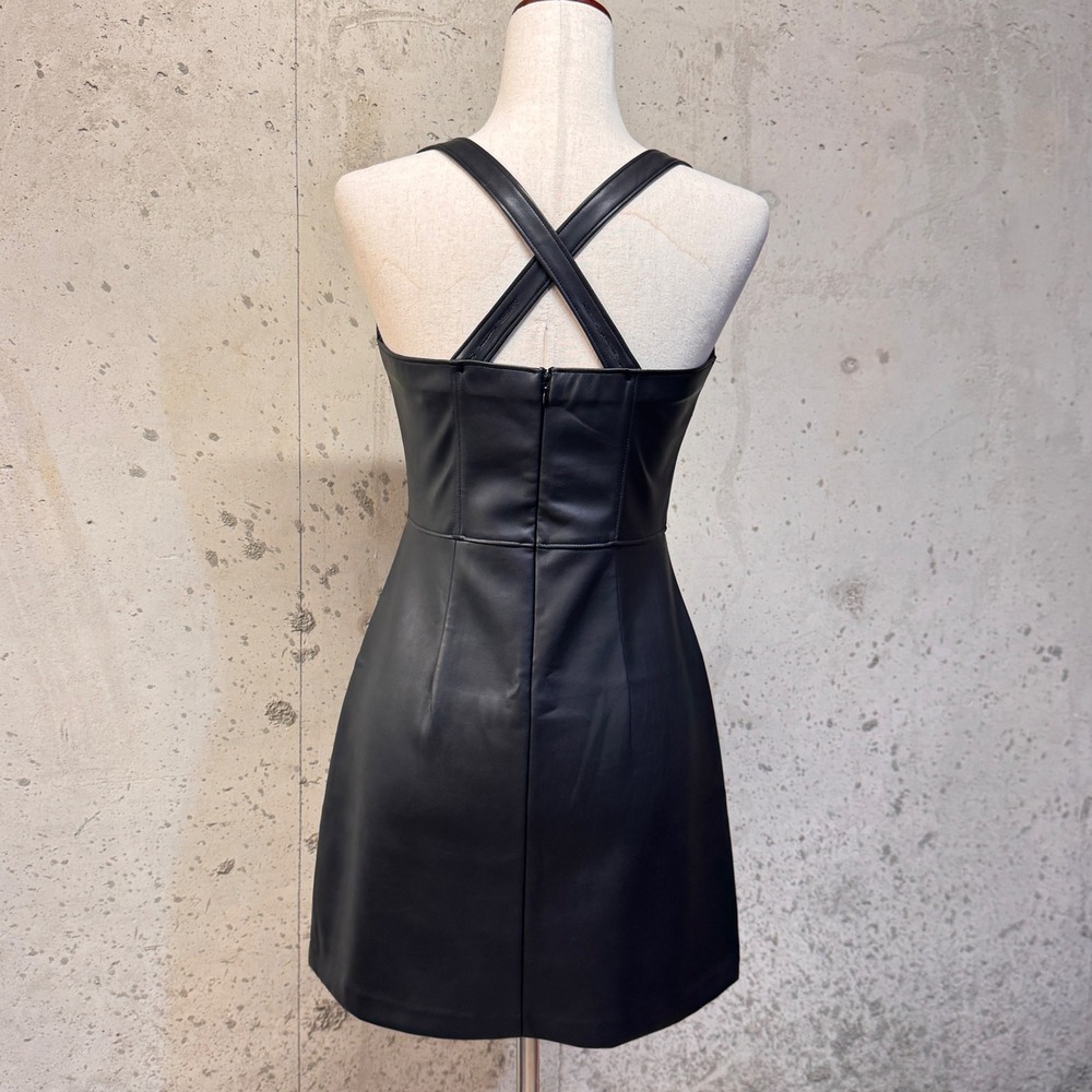 Abercrombie & Fitch Vegan Leather Dress Women S Black Mini Square Neck Edgy Goth - Picture 3 of 10